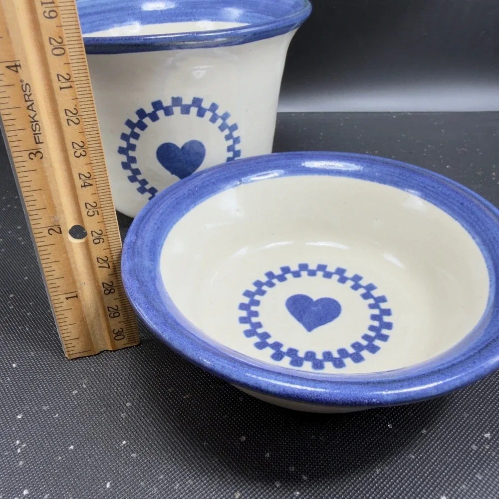 Brinker‎ Pots Dip Crock Set Blue Heart Stoneware Pottery Kansas City 2000s 2pc